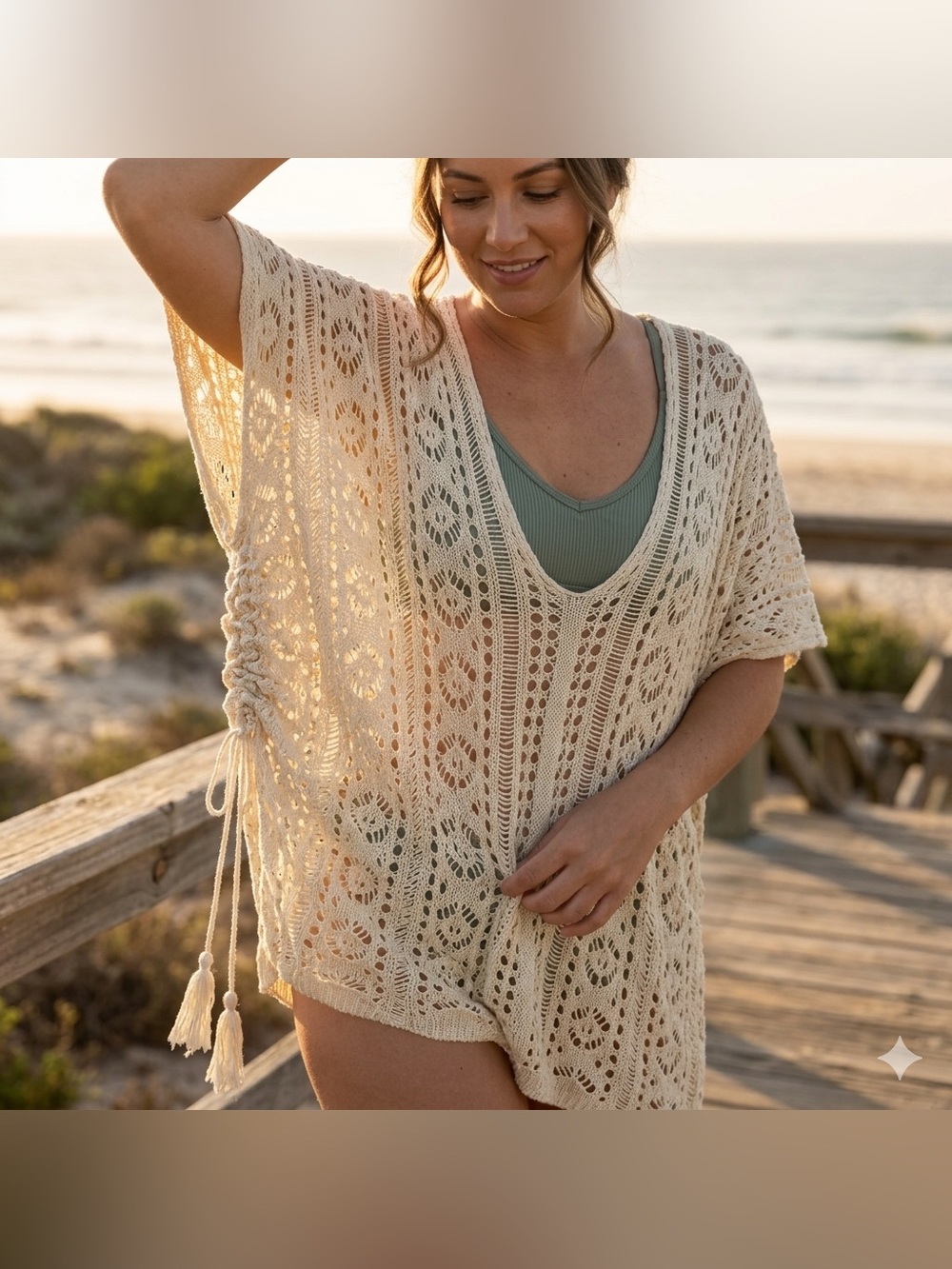 Boho Cream Crochet Knit Poncho Cover Up Tassels